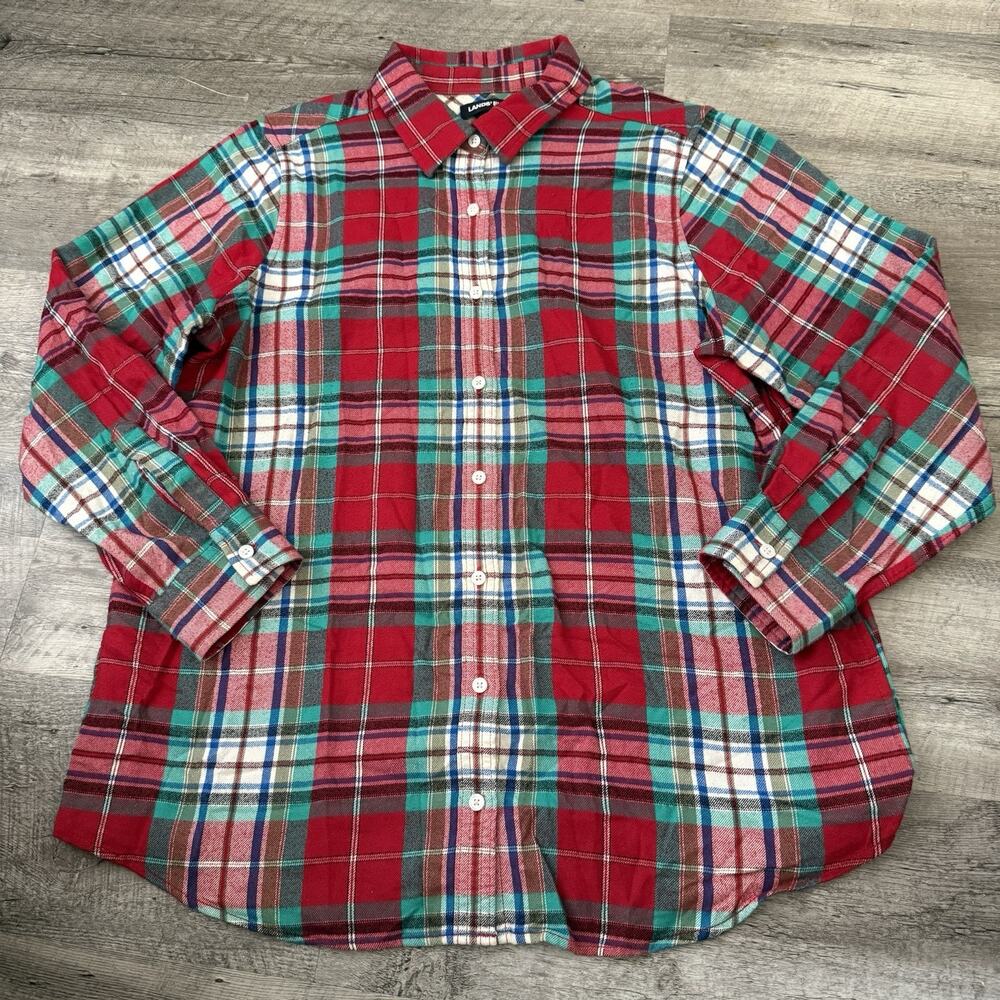 Lands' End Flannel Shirt Womens Plus Size 16W Multicolor Plaid 100% Cotton